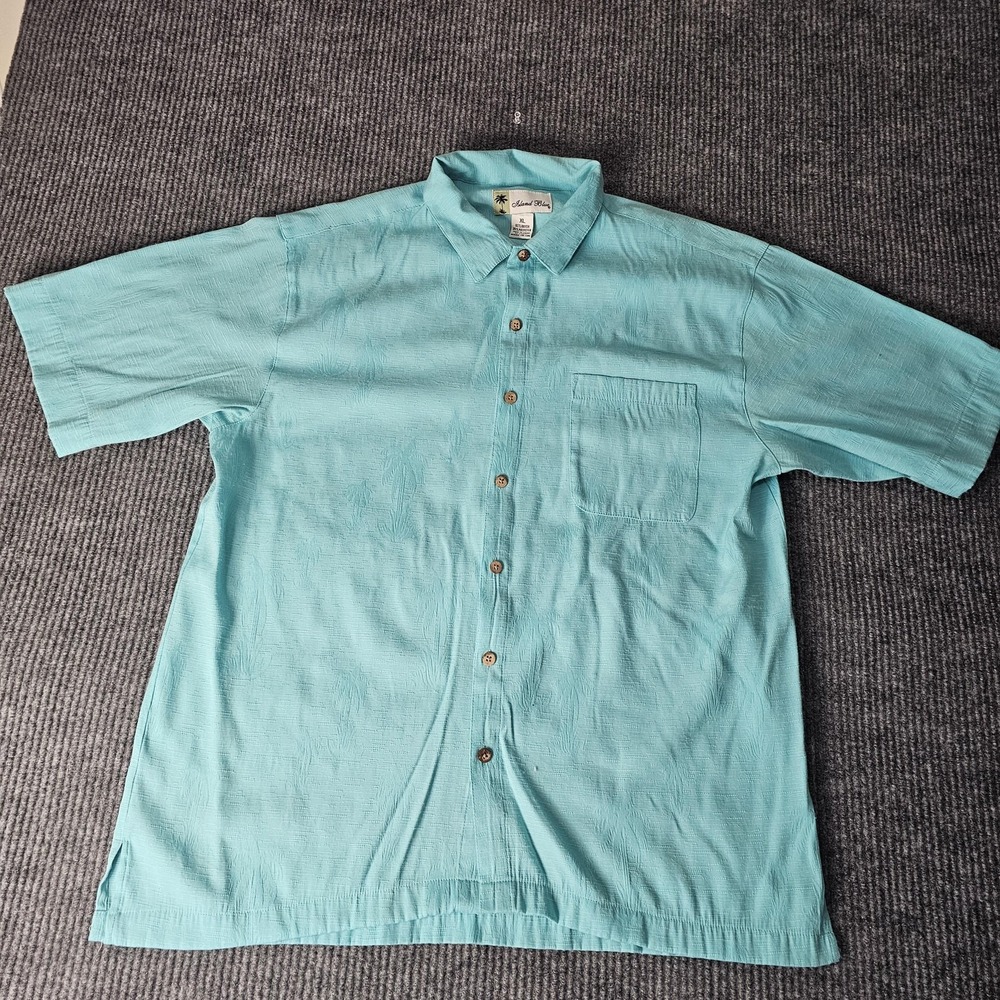 Island Blue Shirt Mens XL Blue Textured Palm Tree Button Front Short Sleeve
